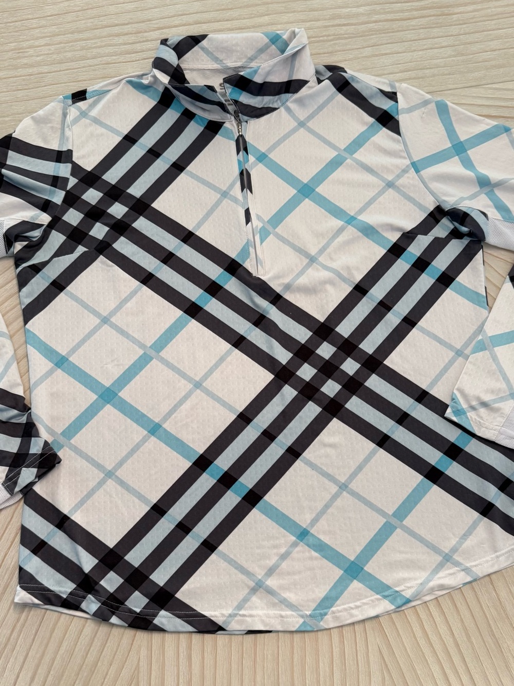 SanSoleil Women’s Long Sleeve Quarter-Zip Plaid Top - Light Blue & Black UV50